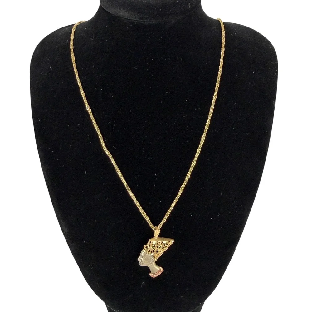 14K Tri Color Queen Nefertiti Pendant Necklace 18 Inch Italian Wheat Chain - Picture 2 of 10